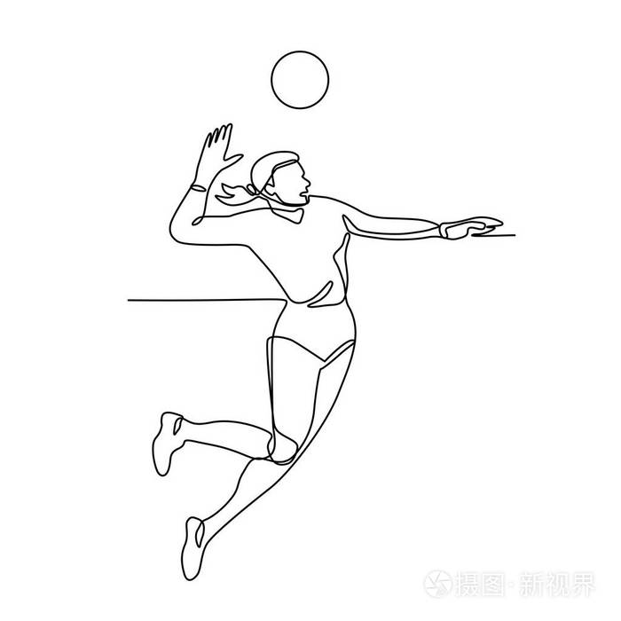 连续线插图女排球运动员跳跃和扣球从侧面看以黑白单林风格