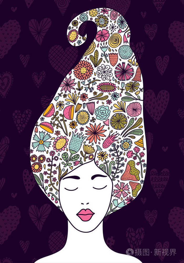 有花头发的女孩.可爱的春天插图.插画-正版商用图片187kvx-摄图新视界