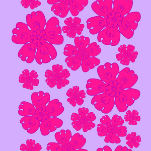 重复花边框，矢量图案瓷砖。不同大小的粉红色花剪影。