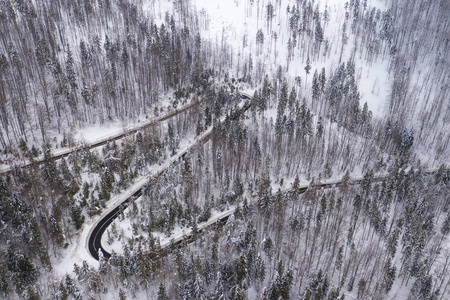 西里西亚贝斯基兹山脉的冬季风景。用树木和道路俯瞰雪山景观。