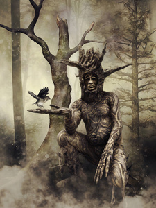 幻想场景，一个树人手里拿着一只小鸟。 三维渲染。