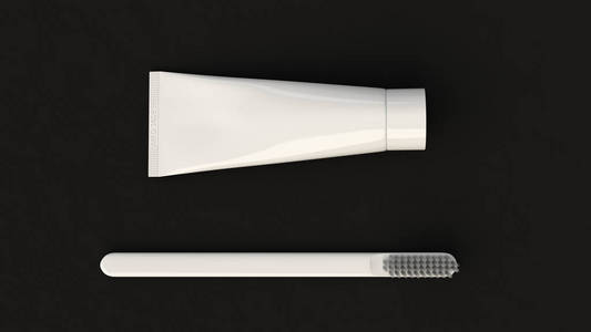 黑色背景下牙膏和牙刷的空白白色管。 品牌或医学模型。 三维渲染图