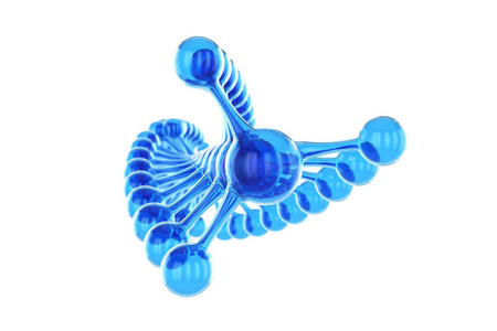 在白色背景上分离的蓝色 dna 分子概念。渲染的 atom 3d。抽象蓝色分子设计。科学或医学背景。化学横幅或传单。3d 渲染插