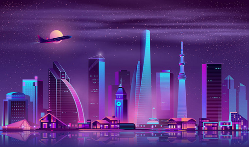 现代城市在夜动画片向量背景