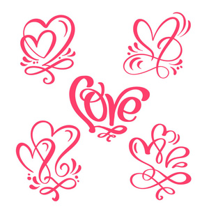 一套红色书法字爱和心脏。矢量情人节手绘字母。假日设计情人节卡。爱的装饰为网络, 婚礼和打印。孤立的插图