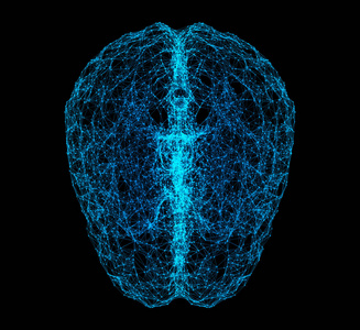 以人工智能为技术和医学概念的形式，在黑色背景上孤立人脑的数字数据和网络连接。 运动图形。 三维抽象插图