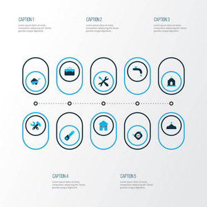 建筑图标彩色设置与案件, 建筑手推车, 螺丝刀与关键和其他天主教元素。独立的插图构造图标