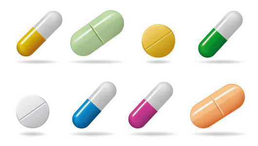 药用药片。 设置不同颜色的平板电脑。 白色背景下的孤立物体
