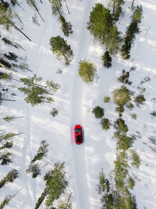 鸟瞰红色汽车驾驶通过白色雪冬林在芬兰拉普兰乡村道路。 无人驾驶飞机的俯视图