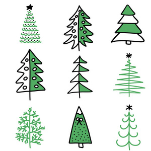 向量例证 eps10。一套圣诞树平的图标在卡通风格查出在白色背景。新年冬季系列