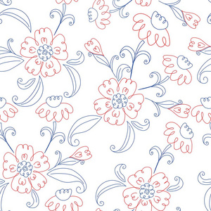 老式花卉矢量图案。 手绘红色和蓝色花元素隔离在白色背景上。