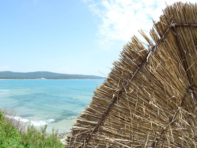 稻草遮阳伞后的海景