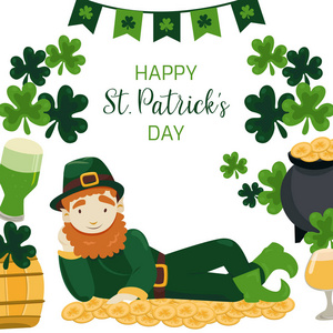 s Day banner. Leprechaun lying on a pile of gold coins. Irish tr