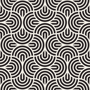 矢量无缝弧线图案. 现代时尚抽象格子纹理. 重复几何圆形波浪条纹.