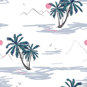 热带矢量无缝花叶图案。 异国情调的背景。 墙纸。 盛开现实的孤立丛林植物棕榈。 手绘明亮的插图。