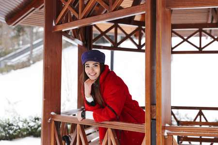 一个漂亮的年轻女人在雪地冬季公园森林里散步的形象。