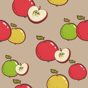 新鲜苹果背景手绘图标。 彩色壁纸矢量。 无缝图案与新鲜水果收集。 壁纸图案填充印刷表面纹理。 包装纸纺织品