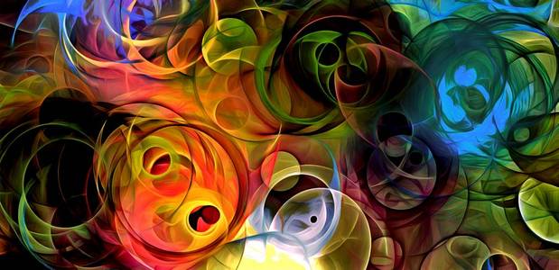 抽象迷幻背景彩色分形热点排列的圆圈和不同大小的螺旋数字图形设计炼金术。 魔法。