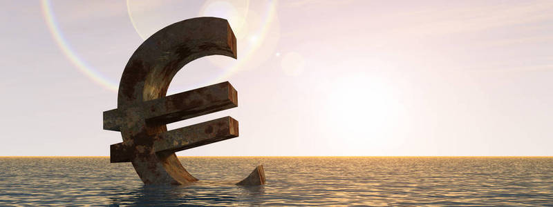 概念3D插图货币欧元符号或符号下沉在水海或海洋日落背景概念欧洲危机旗帜