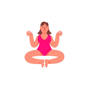 一个身材高大的女人坐在莲花的位置上。一个身材高大的女人坐在冥想的姿势。传染媒介例证在动画片样式