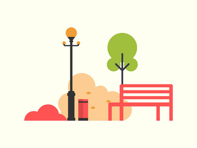 秋季图标, 长凳和树, 路灯