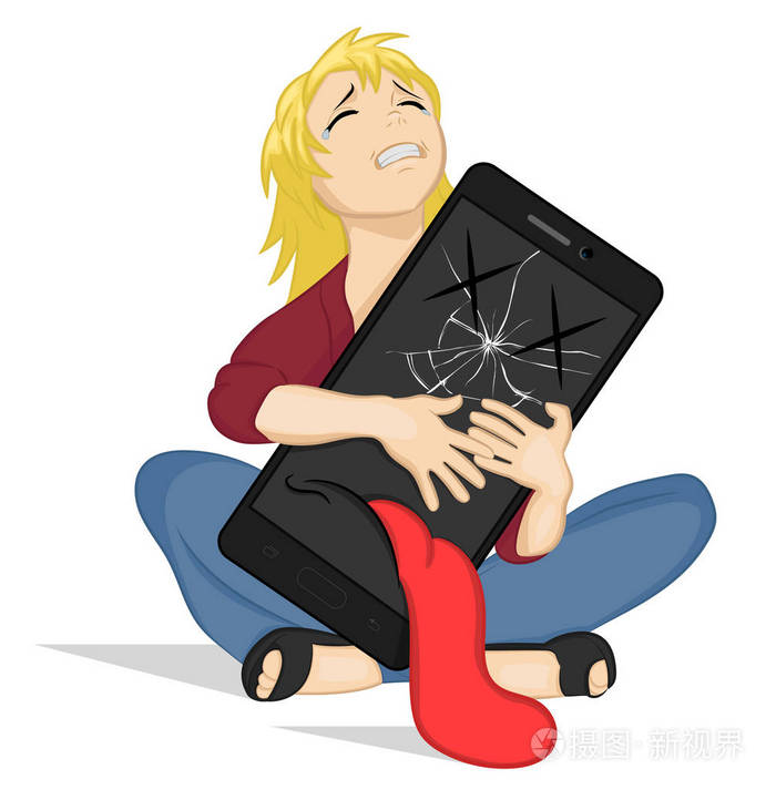 哭泣的女孩拥抱一部坏掉的智能手机沮丧的年轻女人带着手机有眼睛和