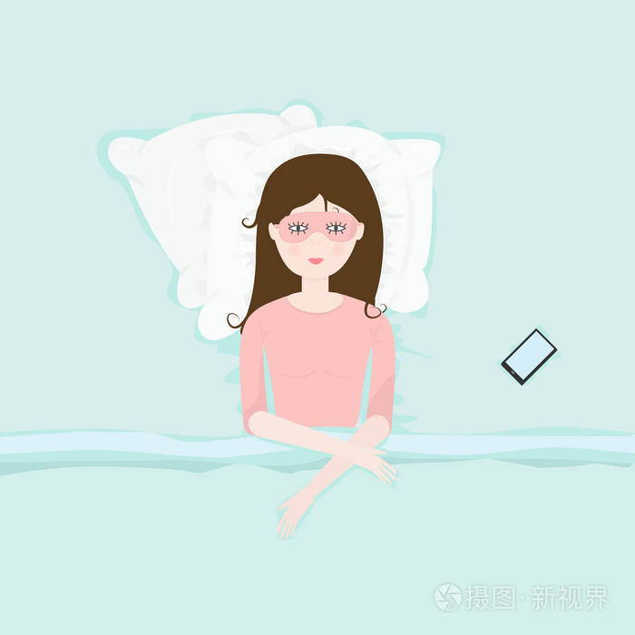 矢量插图与睡眠妇女面具躺在床上在夜间平面卡通风格.