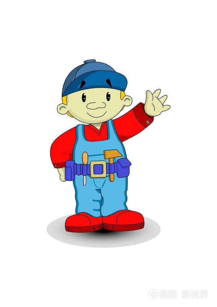 可爱的木匠穿着工作服挥手致意