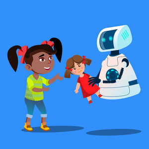 机器人提供了一个填充玩具小可爱的女孩向量。孤立的插图