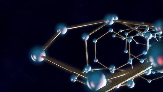 黑暗背景下石墨烯分子的三维图形。 纳米技术的思想是人类的未来。 碳原子连接成一个分子。 3D渲染