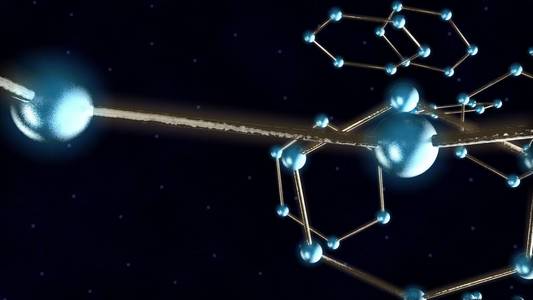 黑暗背景下石墨烯分子的三维图形。 纳米技术的思想是人类的未来。 碳原子连接成一个分子。 3D渲染