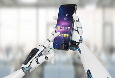 白色机器人手握现代智能手机模型办公背景3D渲染