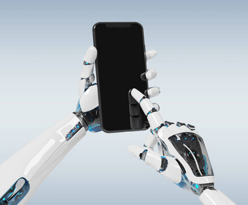白色机器人手握现代智能手机模型的灰色背景3D渲染