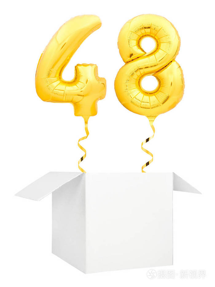 金黄数字48充气气球与金黄丝带飞行出空白白色箱子查出在白色背景