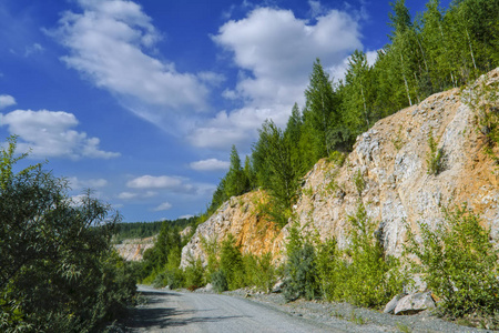 夏天的风景石灰石悬崖上长满了森林，映衬着蓝色的夏日天空