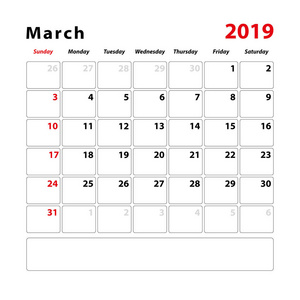 日历表2019年3月的文字说明空间。 矢量图。