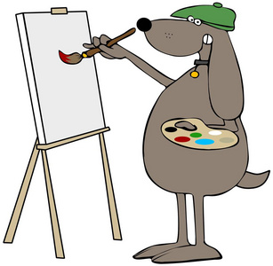 一只狗戴着贝雷帽，拿着画笔和调色板在画布上画画的插图。