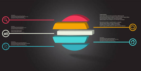 3D插图信息模板。压花环分为五个颜色移位部分。物体布置在灰色暗底上..有简单圆圈标志的彩色线条在两侧。
