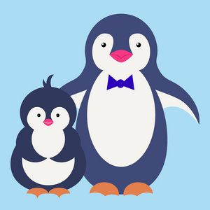 卡通企鹅穿夏季秸秆企鹅家族矢量插图家庭的有趣的企鹅漂亮的企鹅可爱