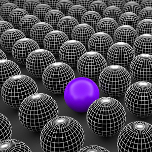 概念或概念三维插图线框黑白球体或球组与一个特殊的不同的站在人群背景
