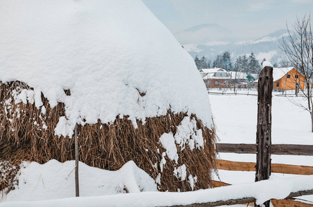 大干草堆盖着雪帽。冬季乡村景观，村庄或农场，白雪覆盖的山脉和森林的背景