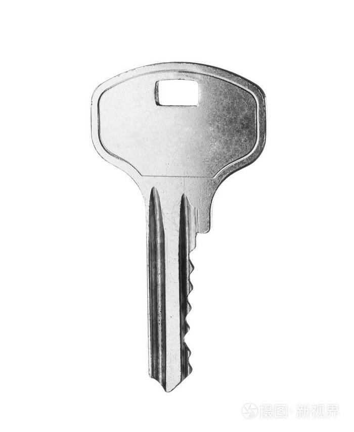 一把白色背景的现代钢钥匙