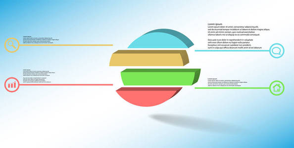 三维插图信息模板。 浮雕环分为四个彩色移位部分。 对象设置在蓝色白色背景上。 彩色线与简单的标志在圆圈是在侧面。