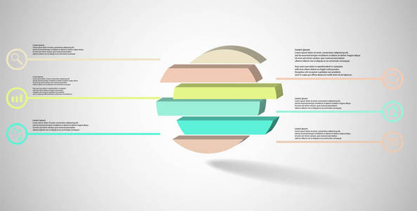 三维插图信息模板。 浮雕环分为六个彩色移位部分。 物体布置在灰色白色背景上。 彩色线与简单的标志在圆圈是在侧面。