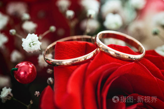 明信片金戒指躺在红玫瑰上