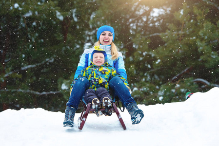 母子骑雪橇，孩子在雪林里玩耍。 家庭圣诞假期的户外冬季乐趣。