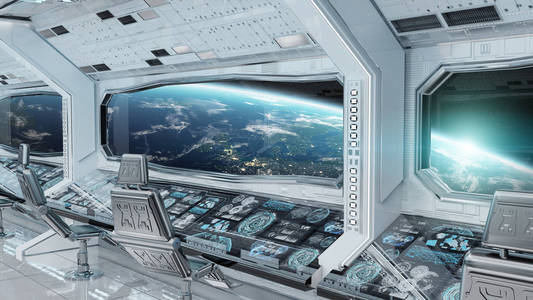 白色干净的宇宙飞船内部，以查看地球三维渲染元素，这幅图像由美国宇航局提供