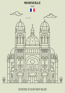 法国马赛圣玛丽大教堂。 线性风格的地标图标