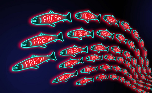 一个发光的霓虹灯标志显示一条鱼与一个词新鲜和一个大学校游泳的页面