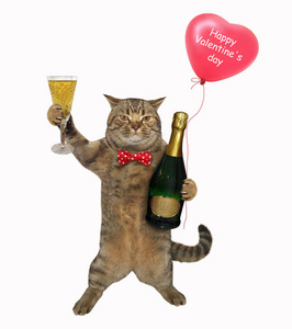 这只有趣的猫拿着一个心形的红色气球，一杯香槟和一瓶葡萄酒。 情人节快乐。 孤立的。